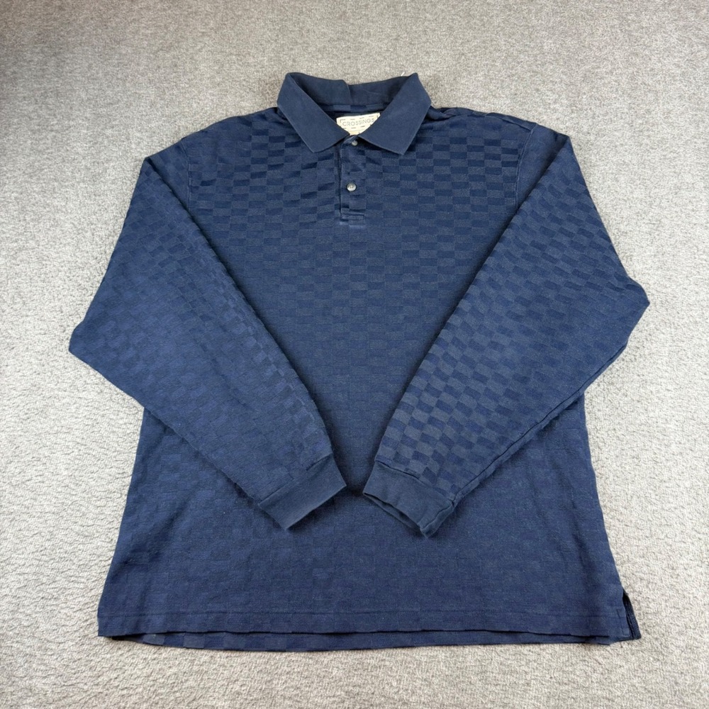 Crossings Polo Shirt Men's Large L Navy Blue Checkerboard Knit Cotton